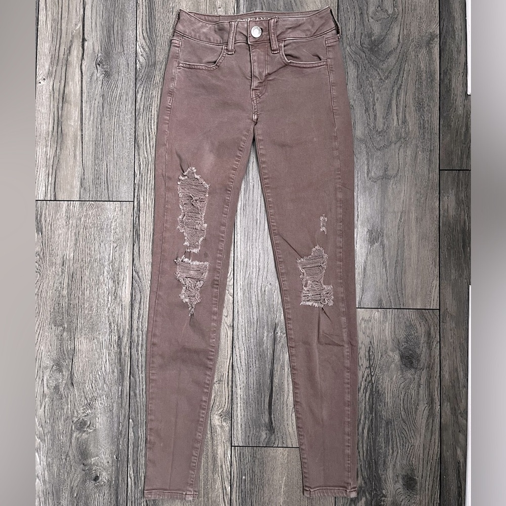 American Eagle Brand Size 0 Distressed Skinny Jeans, Super Stretch, Burgundy